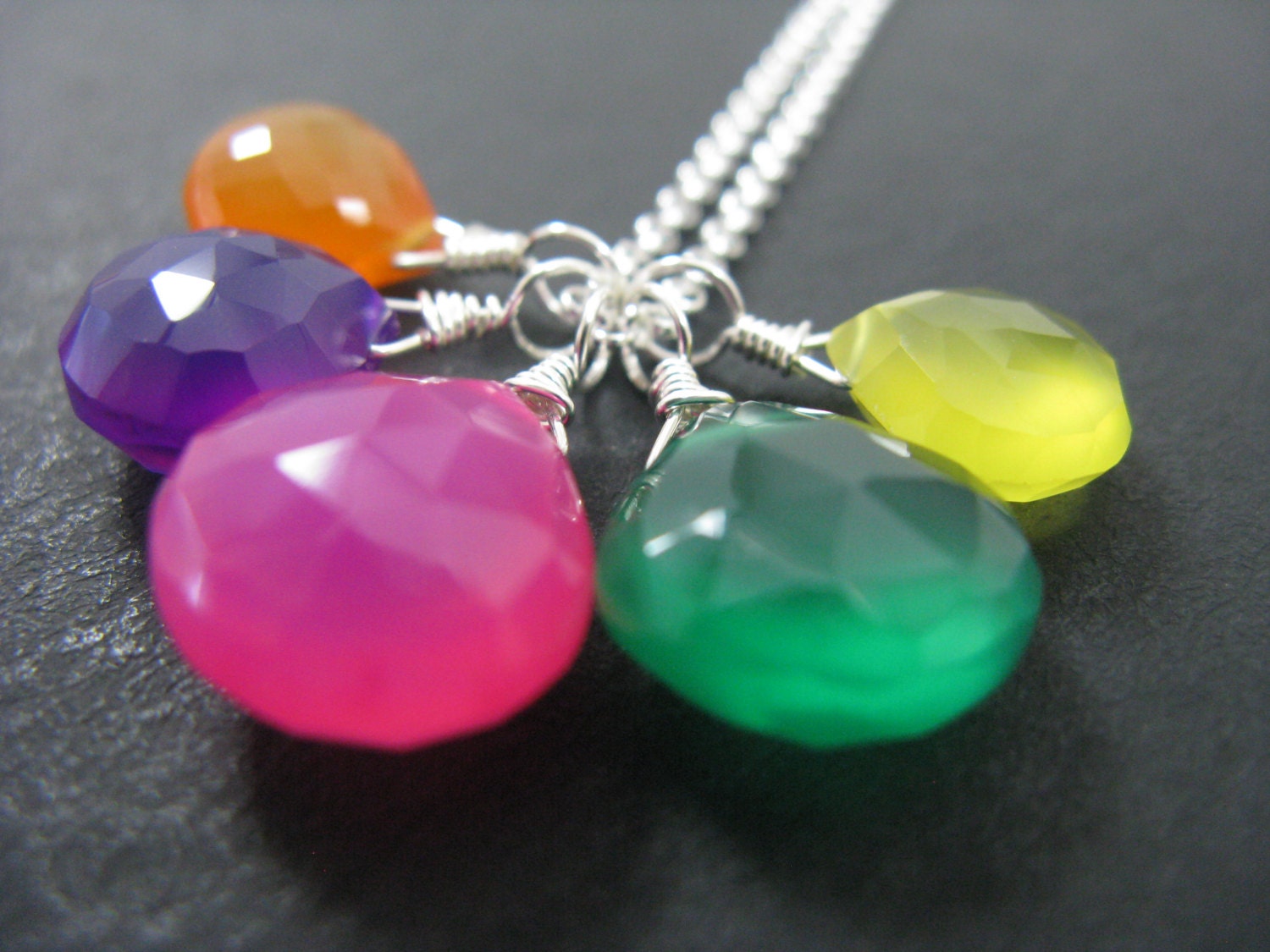 Gemstone Necklace, Chalcedony Necklace, Emerald Green, Fuchsia, Purple, Yellow, Carnelian, Orange, Sterling Silver, Cluster Necklace