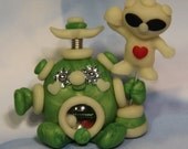 Polymer Clay Robot I Love Aliens Glow in the Dark Figurine - Miniature Whimsical Character Sculpture - BubbleBellyBotBaby