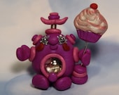 Polymer Clay Robot I Love Cupcakes Figurine - Miniature Whimsical Character Sculpture - BubbleBellyBotBaby