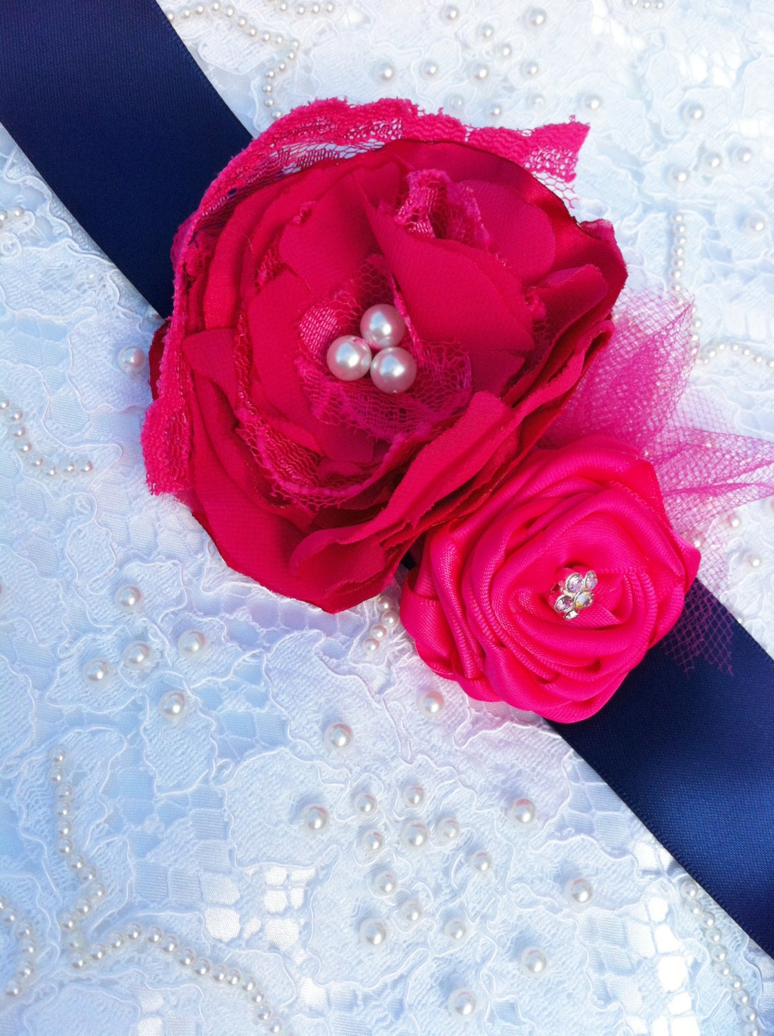 1.5" Navy/hot pink Vintage bridal satin organza flower roses wedding gown Sash belt