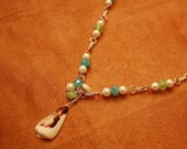 Sea Green/ Ocean Blue Crystals, Silver Chain/ Clasp, Shell Drop Dangle Pendant, Summer Necklace: Artistic Metal, Button and Bead Jewelry