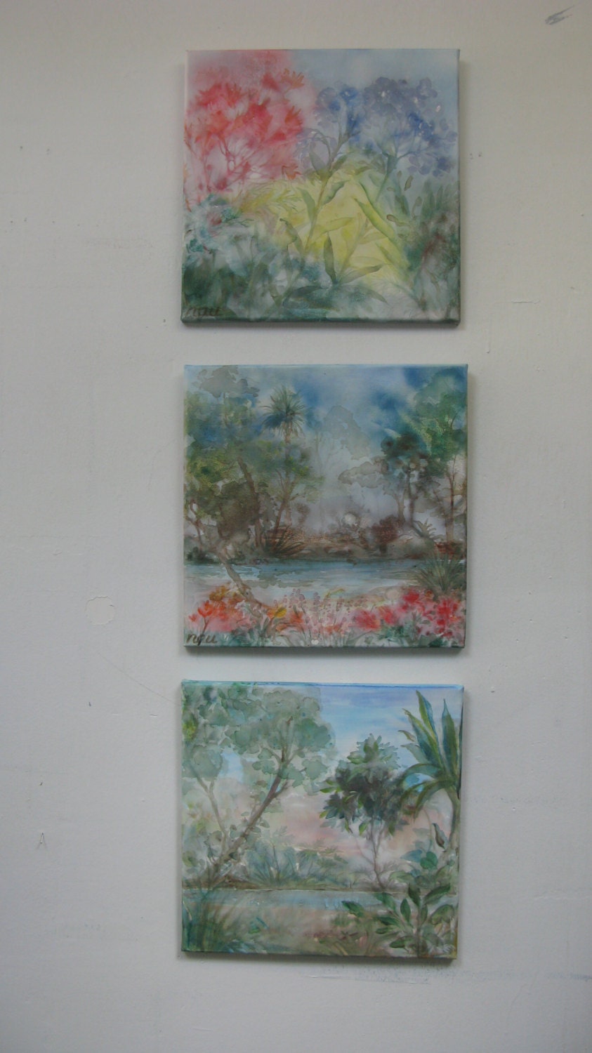 Triptych 2 Mixed Media Spray and Acrylic Tropical Paintings 149.00