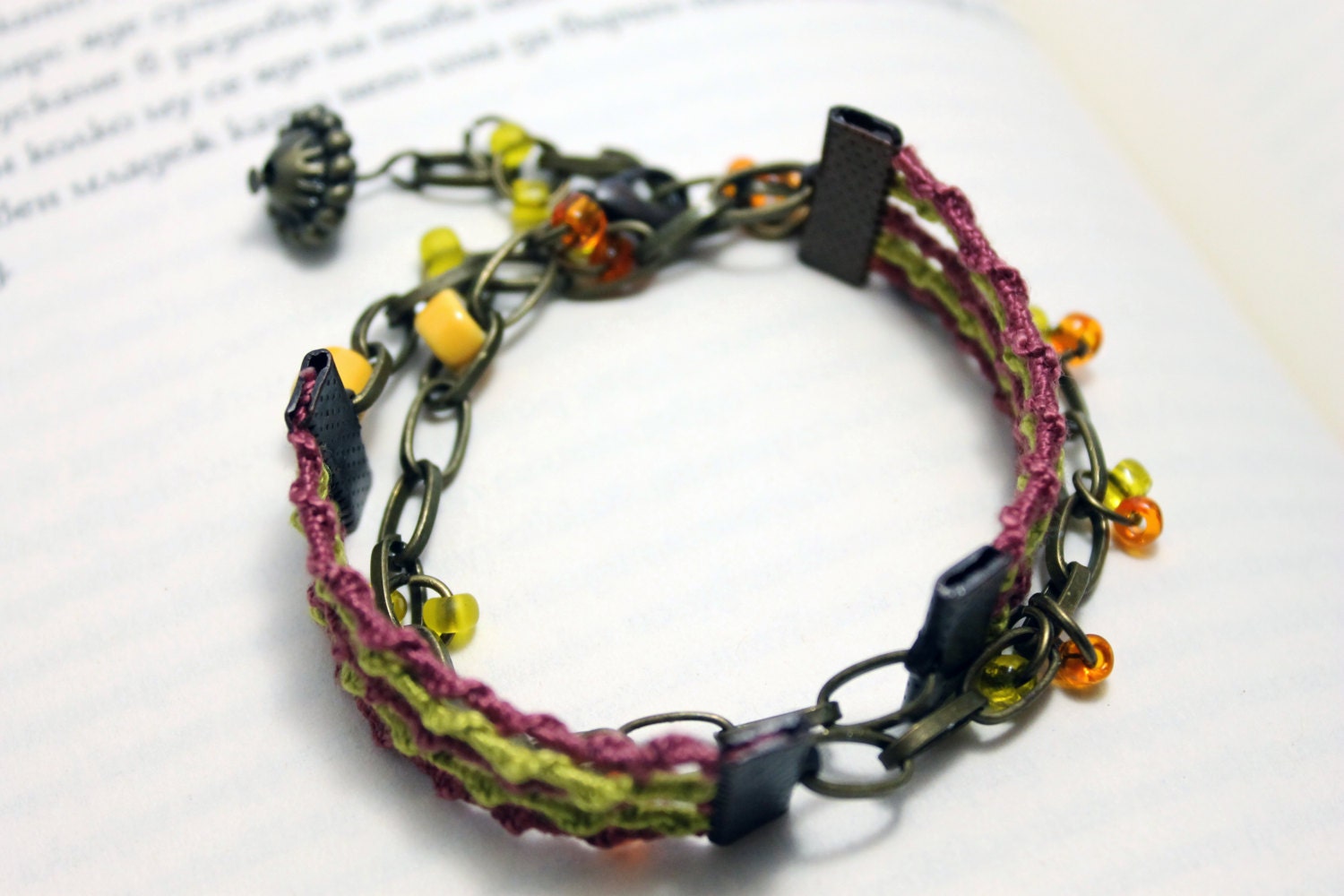 Bohemian style, macrame type, Boho chic jewelry, wrap bracelet, yellow-green and brown colors and long copper chain