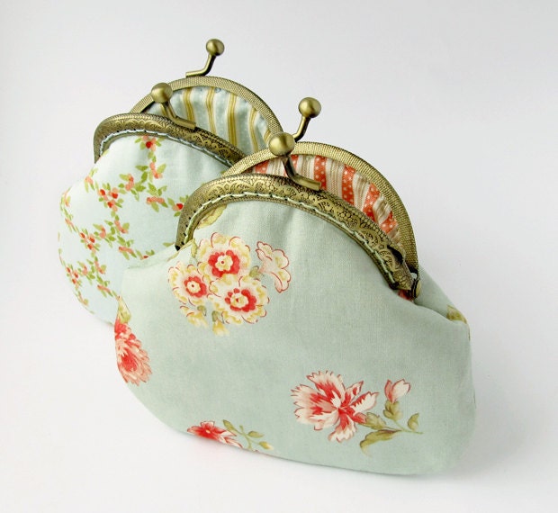 Mint Purses Set of 2, Pastel Colors Floral Change Pouch, Wedding Bridesmaid gift, Cotton fabric wallet with kisslock