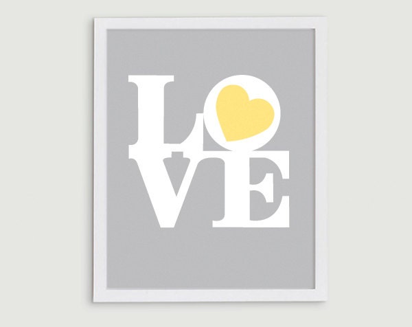 Gray and Yellow Love Typography - Nursery Art or Wedding Gift - 8x10