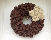 14" Dark Chocolate Brown Burlap Wreath with Ivory Burlap Flowers