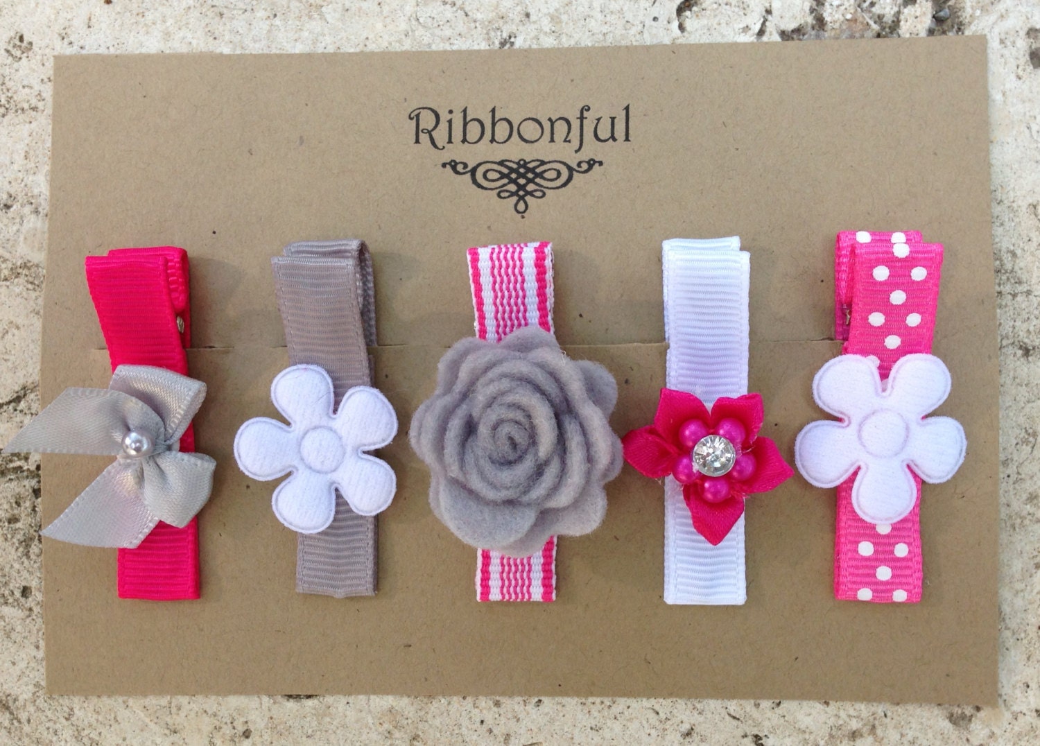Ribbonful - Pink and Gray Hair Clips - Set of 5
