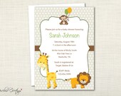 Animal Baby Shower Invitation - neutral, boy, girl, giraffe, lion, monkey, animals, balloons, green - digital file, printable Il_170x135