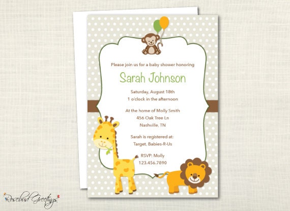 Animal Baby Shower Invitation - neutral, boy, girl, giraffe, lion, monkey, animals, balloons, green - digital file, printable Il_570xn