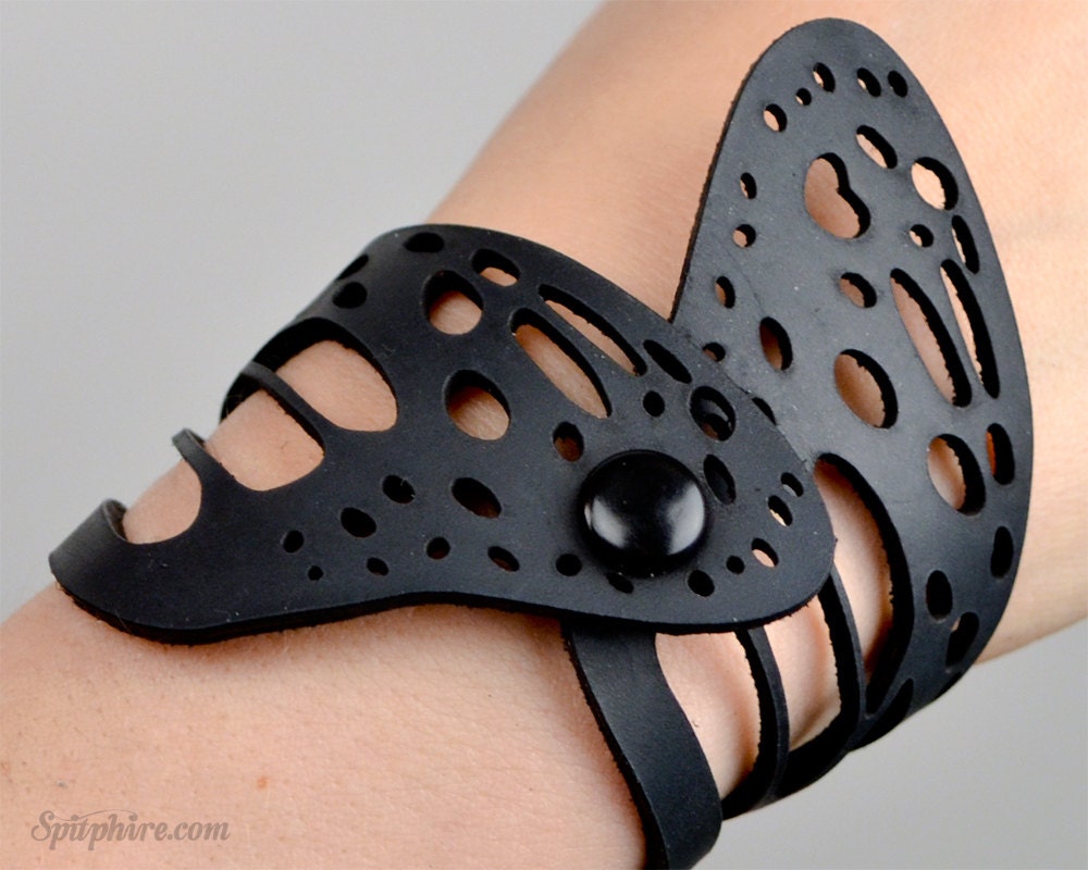 Black Leather Butterfly Wing Bracelet - Laser Cut