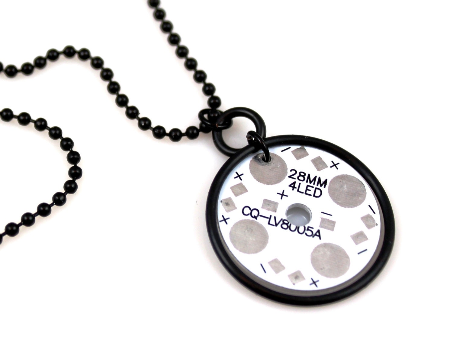 Black on White LED Heat Sink Base Plate Pendant Necklace w/ O-rings - Modern, Industrial, Unisex, Techie, Geek Jewelry