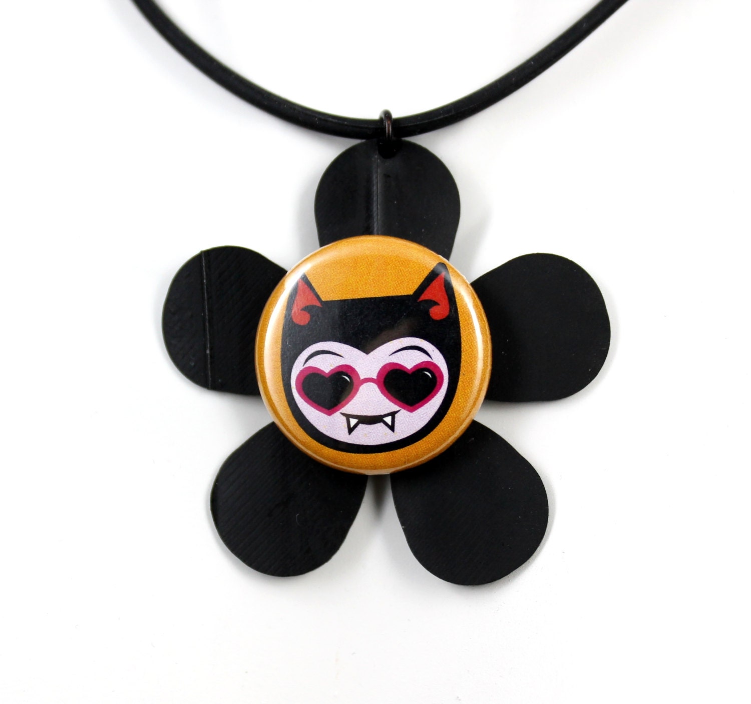 Recycled Bike Tire Inner Tube Retro Flower Necklace w/ Devil Vampire Kitty wearing Heart-shaped Sunglasses, Rubber Cord - Bike Jewelry