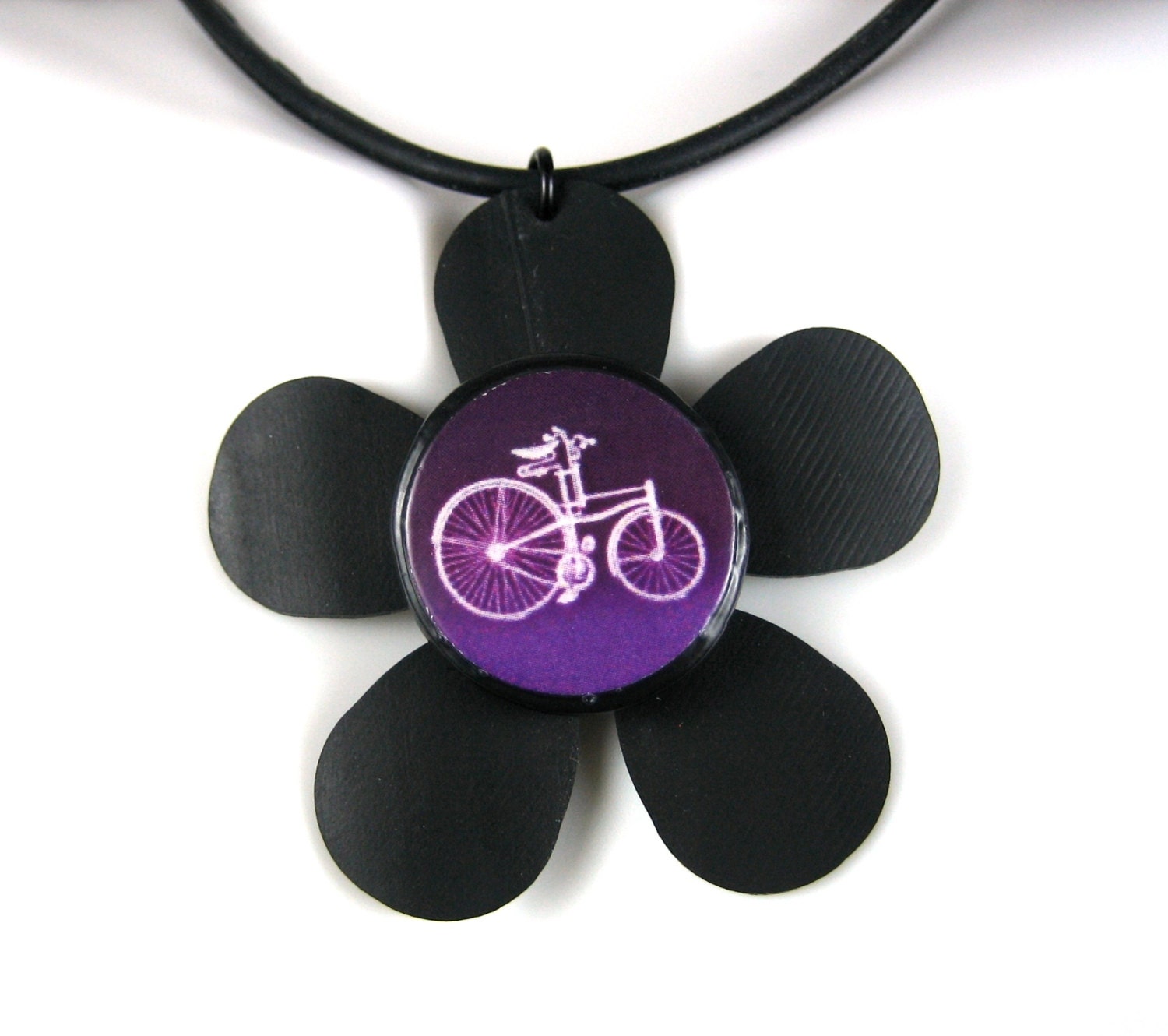 Recycled Bike Inner Tube Retro Flower Necklace w/ Vintage Bicycle, More Vintage Bicycles Available, Rubber Cord - Upcycled Bike Jewelry