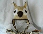 Tan and cream owl hat, sizes youth or adult.  Crochet accessories earflap hat adults toddler children teens gift ideas photography prop