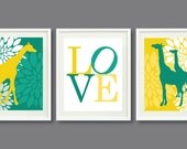 Three Print Set-Giraffe-Flowers-LOVE-Kids Room, Nursery, Home Decor-8x10-Teal and Yellow OR Choose Colors-Trio-3-Dorm, Teen