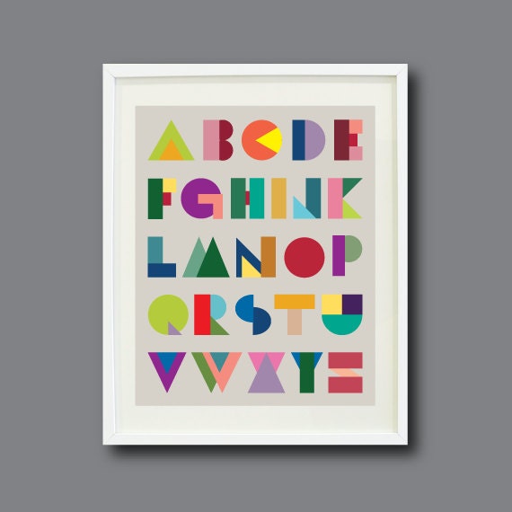 Geometric Alphabet Art Print - 11x14 - Triangles, Squares, Circles, Colorful-Modern-Abstract Wall Decor-Nursery, Kids Room, Home Decor - ABC