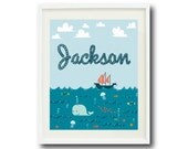 Nautical Art Print - 8x10- Customize with child's name - Ocean, whale, boat, fish, clouds, jellyfish - Nursery, kids room, home decor