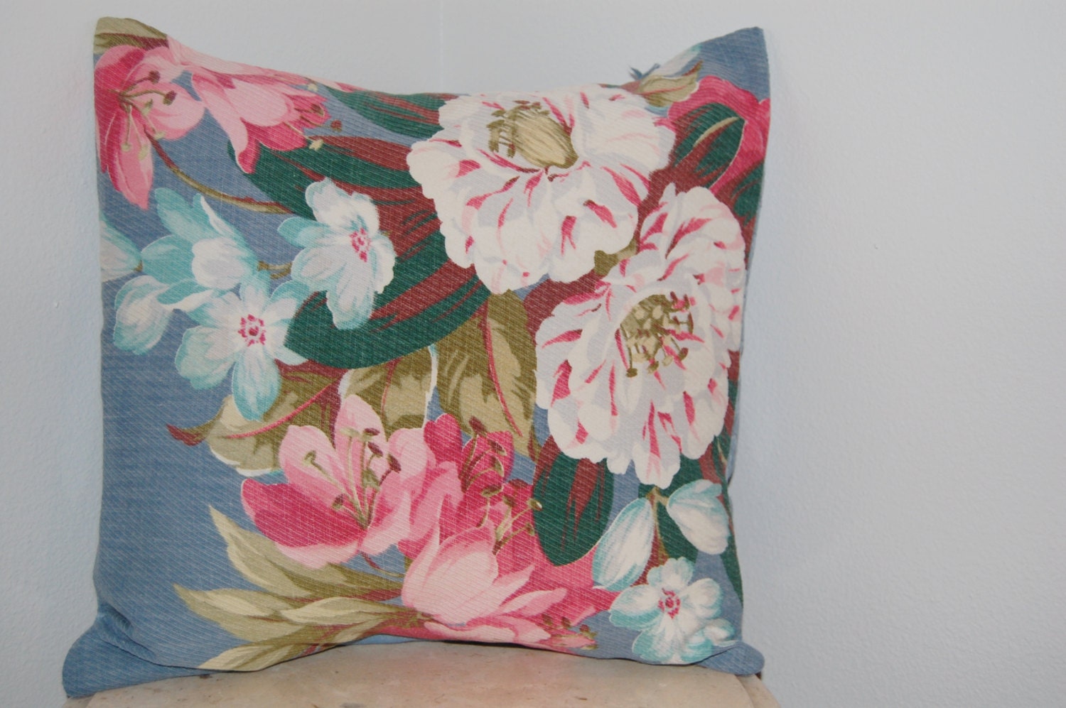CUSTOM Barkcloth Chenille Vintage Retro 1960s Blue Pink Floral Throw Pillow Handmade Upcycled White Bedspread Curtain 14 x 14