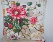 CUSTOM Barkcloth Chenille Vintage Retro 1960s Pink Bloom Throw Pillow Handmade Upcycled White Bedspread Curtain 14 x 14