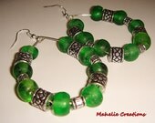 Green tear drop hoops, tear drop beaded earrings, green dangle earrings, recycled glass jewelry, bohemian earrings, statement earrings