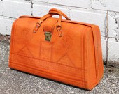 Vintage Hand Tooled Leather Suitcase, French Moroccan, 1960s, RARE & Unique