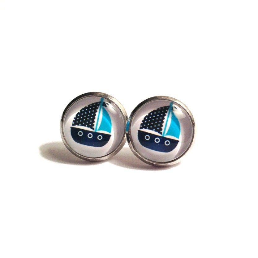 Sailboat Earrings - Blue, Navy, & White Glass Cabochons, 12mm Silver Bezel Trays and Studs, Polka Dot, Nautical, Sailor, Anchor, Sea, Summer
