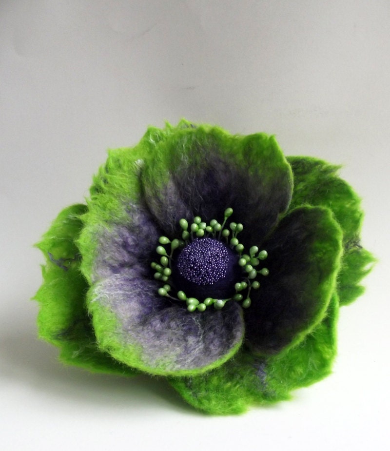 Felted Flower Brooch, Hair Clip, Wool Felt Jewelry, Green l& Purple Flower, "A little bit different poppy"