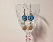 Turquoise Glass Evil Eye Earrings with Ivory Coin Fresh Water Pearls, Evil Eye Earrings