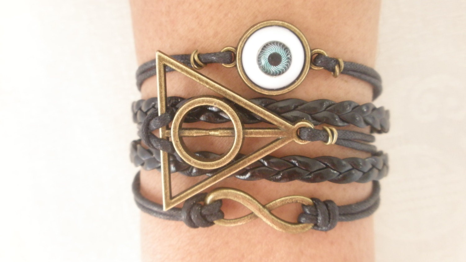 Combined Bracelet / Evil Eye Bracelet, Karma Bracelet, Infinity Wish Bracelet, Deathly Hallows Bracelet, Black Braid / Friendship Gift