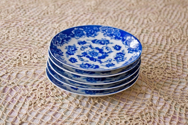 Blue Flow Open Rose Saucer 5pc Set, Japan, Transferware