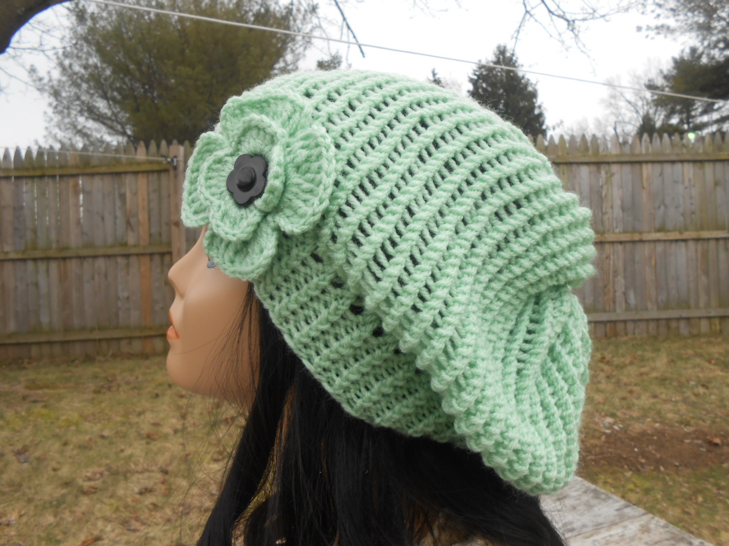 Mint women hat, with flower,womens accessory,Hand Made Knit,Slouchy Beanie,Slouch Hats Oversized