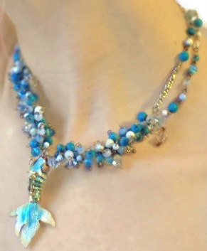 Blue Cloisonne Fish Necklace with Turquoise, Swarovski Crystals, Cats Eye, and Quartz, Vintage Chain, Handmade Beaded Fish Necklace