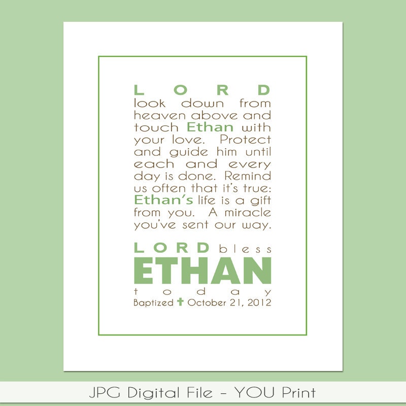 Kids Personalized Printable Prayer Wall Art with child's name, Bible verse, baptism date, birth info. Great Baby gift or baptism gift.