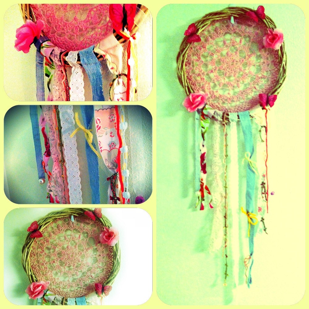 SPRING SALE butterfly rose Large DREAMCATCHER 13"x37" handmade (pink yellow green blue) wall hanging decor vintage antique doily - Free Ship