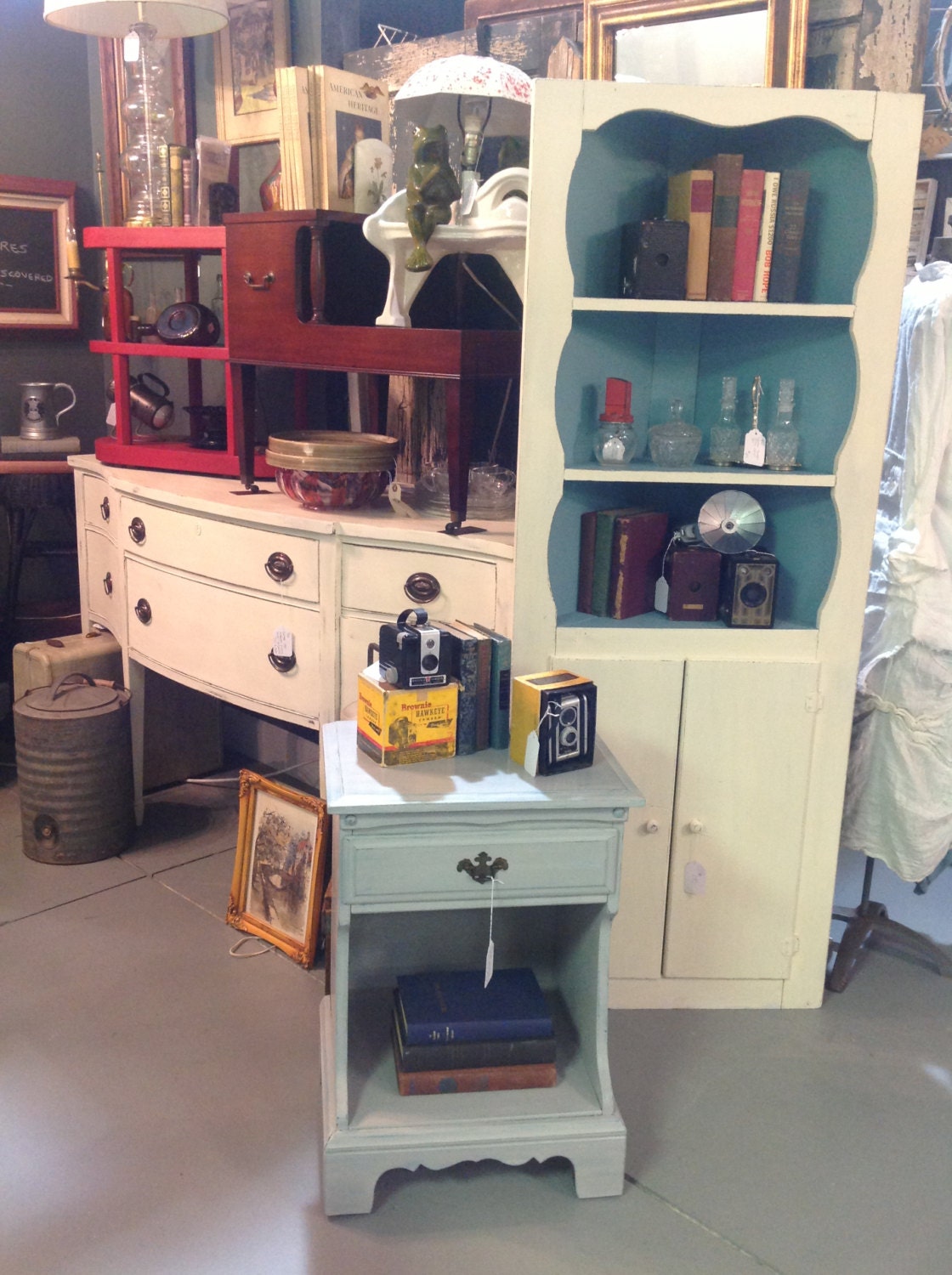 Buffet, corner cabinet, end table, vintage camera