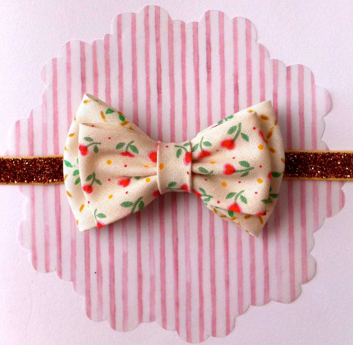 Baby Bow Headband- Cream Flower Bow on Gold Sparkle Elastic- Glitter Elastic Headband-
