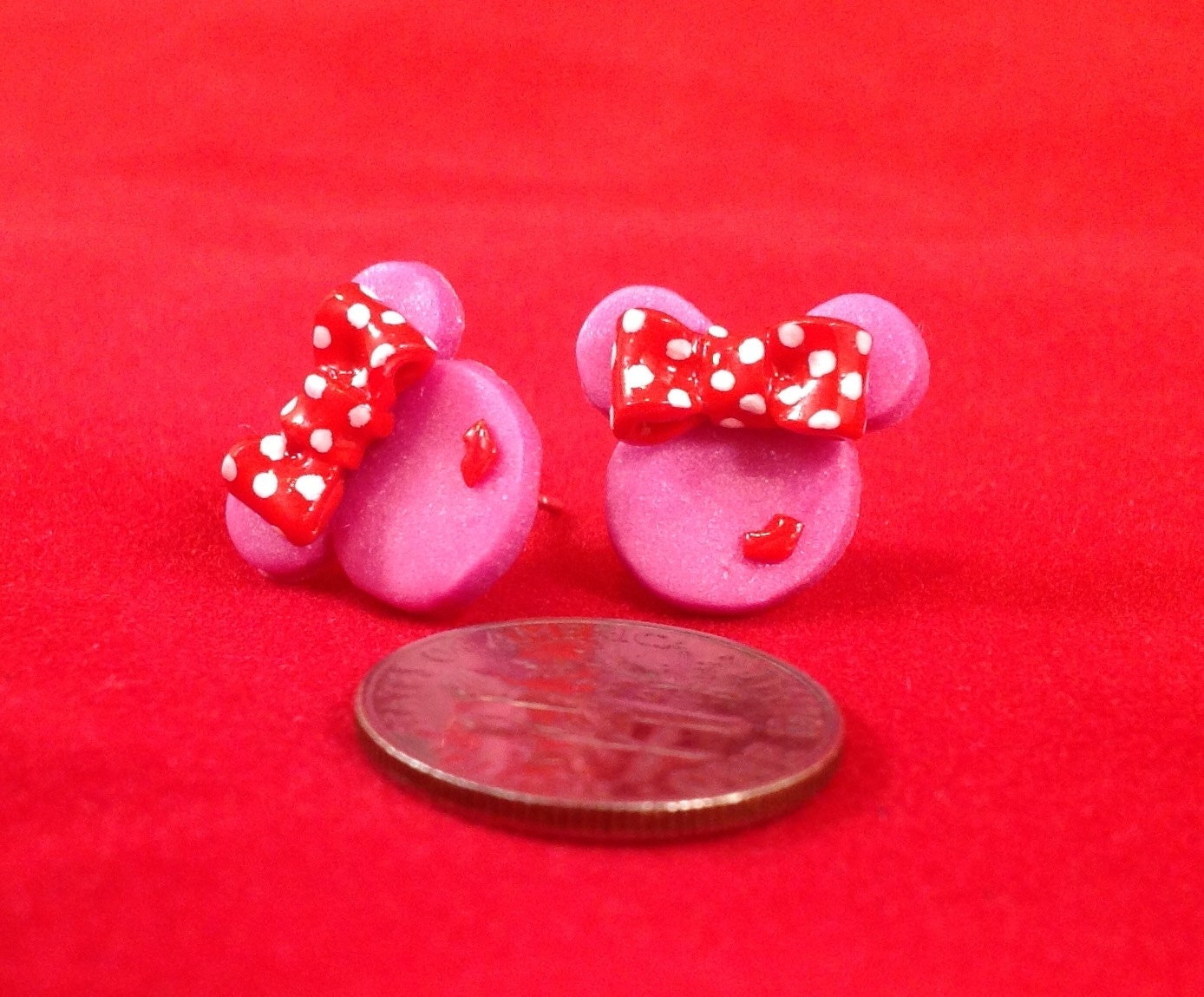 Valentine Minnie-Mouse Disney Pink and Red Lips Polymer Clay Stud Earrings
