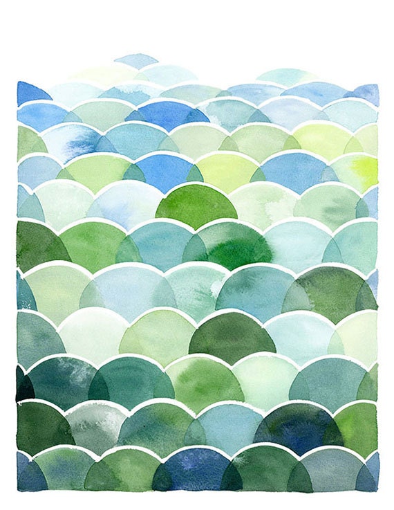 Handmade Watercolor Abstract Blue and Green Field and Sky Painting- 8x10 Wall Art Watercolor Print