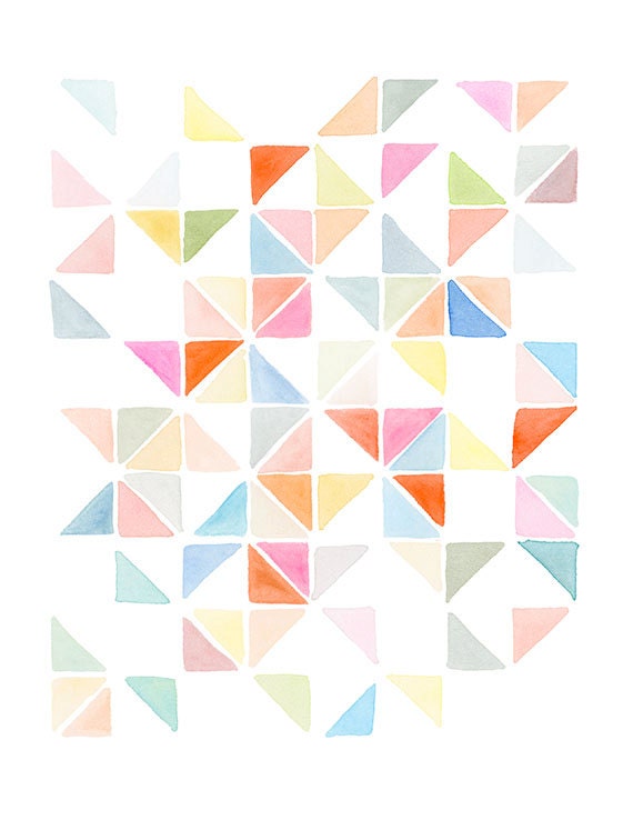 Handmade Watercolor Original Painting- Multi Triangles I Light Orange and Blue- Wall Art Print 8" x10" Original Artwork  Illustration