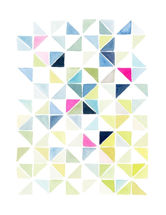 Handmade Watercolor Art- Multi Triangles II Blue and Pink- Wall Art Print 8" x10"- Original Watercolor