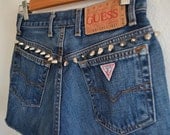 High Waisted GUESS Denim Cutoffs with Silver Cone Studs in Medium Wash