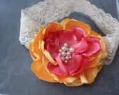 Coral and Yellow Flower Headband, Large Flower Baby Headband, Lace Headband, Baby Photo Prop, Girls Hair Accessory,