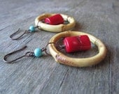 Wood hoop earrings - tribal earrings - turquoise red earrings - red earrings - turquoise - red coral - europeanstreetteam