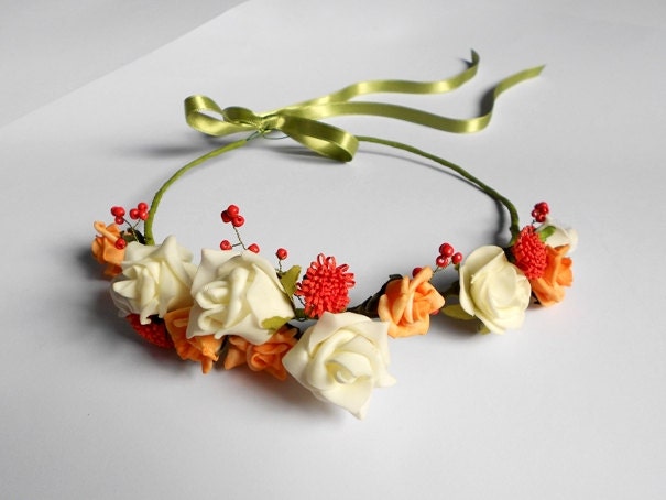 Floral Hair Wreath / Ivory Coral Orange Green Flower Crown / Headband of Blooms / Handmade Summer Hair Accessory for Women