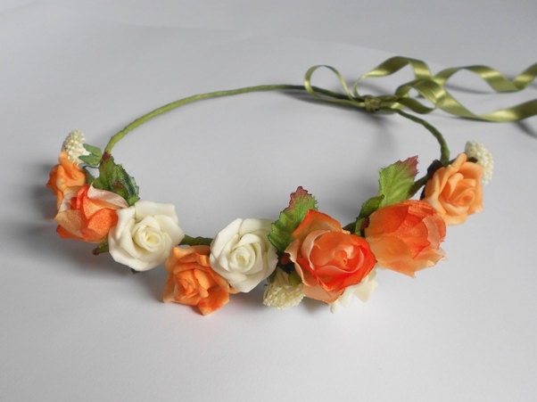 Floral Hair Wreath / Orange Ivory Green Flower Crown / Festival Headband of Blooms / Handmade Summer Party Hair Accessory for Women