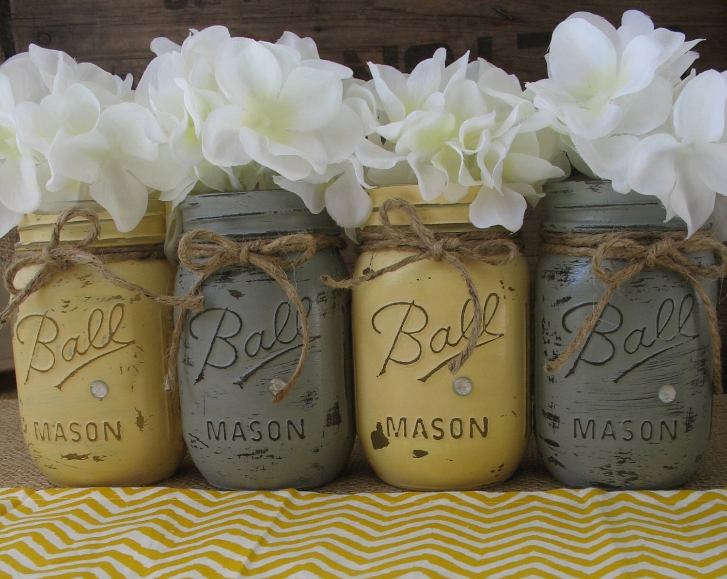 Mason Jars, Ball jars, Painted Mason Jars, Flower Vases, Rustic Wedding Centerpieces, Yellow and Grey Mason Jars