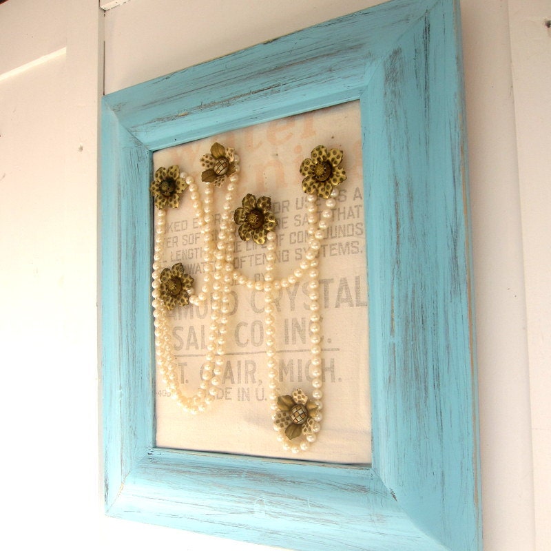 Upcycled Repurposed Shabby Chic Wall Décor, Distressed Turquoise Wood Frame, Salt Bag,  Post Earrings Faux Pearls Wall Display Pin Board