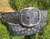 Hand Painted and Tooled Belt - Whimsical Soft Black Floral Tree