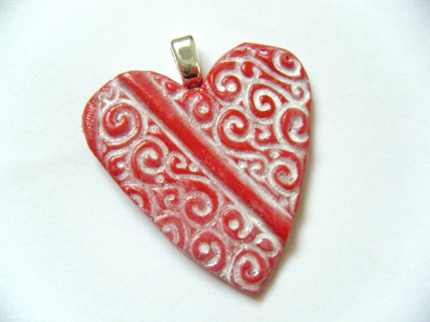 Red Valentine Heart Polymer Clay Pendant Necklace Handstamped White Swirls Spiral Design Jewelry