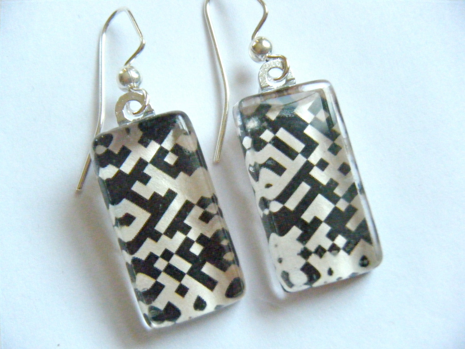 OOAK Geekery Black White QR Scan Bar Code Modern Recycled Material Glass Tile Earrings Wire Hooks Upcycled Paper Jewelry